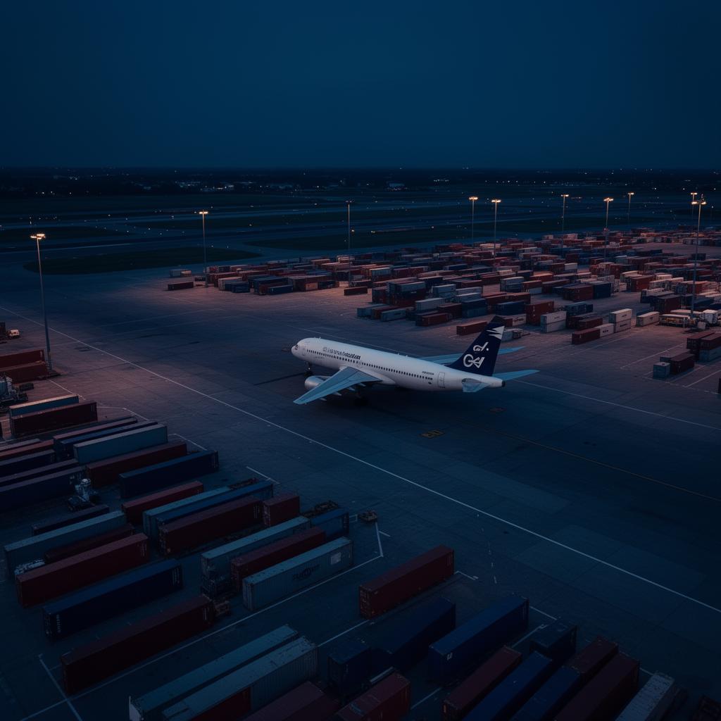 Vue aérienne d'un tarmac cargo au crépuscule